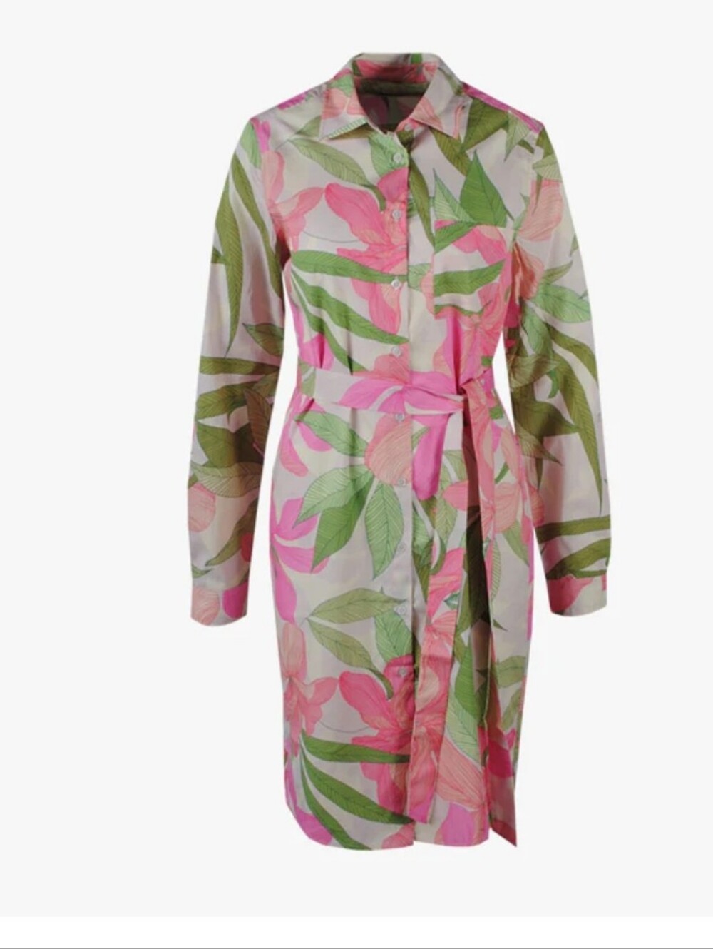 0039 Italy Gracia Floral Button-Up Self  Tie Shirt Dress in Pink & Green Size XL